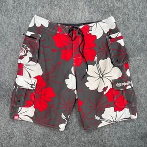 Maui Built Board Shorts 34 Mens Floral Cargo Red Grey White Surf Trunks